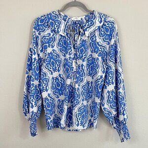 Entro Blue Medallion Peter Pan Collared Tie Neck Long Sleeve Blouse Size Small